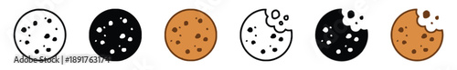 Cookie icon set with various styles including outline, solid, colored, bitten, and unbitten variations, perfect for representing sweet snacks and treats.