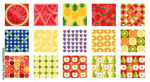 Set of colorful fruit and vegetable pattern tiles for design projects