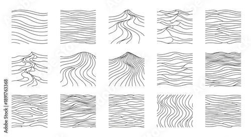 Collection of various line art mountain landscape illustrations