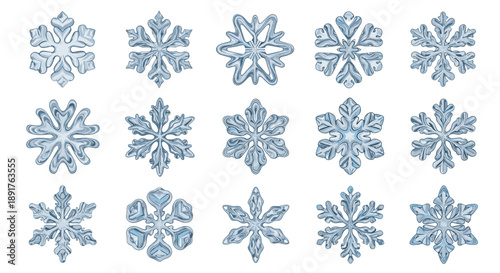 Collection of twelve detailed blue snowflake illustrations