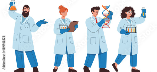 Science Laboratory Team Illustration Showing Scientists Conducting Experiments, Research, and Analysis with Test Tubes, DNA, and Chemical Equipment