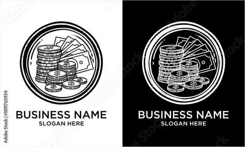 Hand-drawn money stack and banknotes in a circular emblem design.