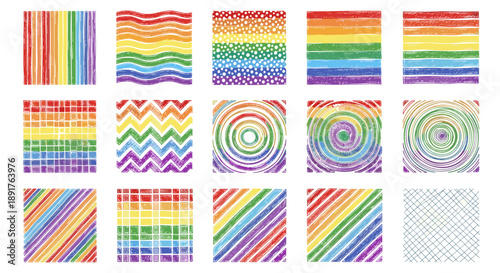 Collection of colorful rainbow patterns with various designs and textures