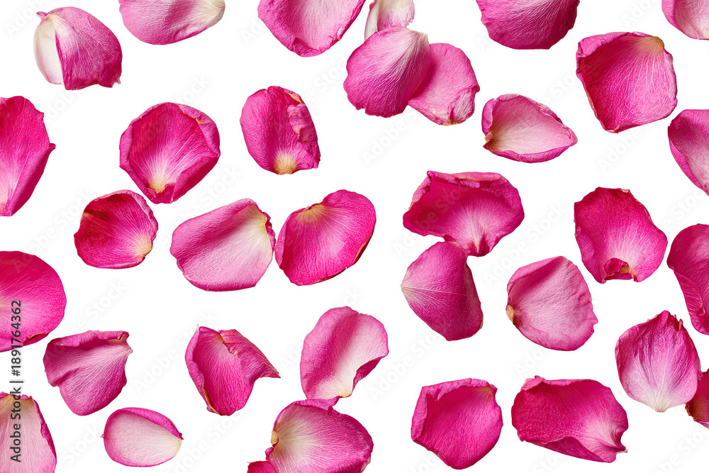 Fototapeta premium Pink rose petals, outlined in magenta, scattered on black background