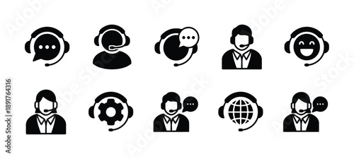 Customer support icons set, vector illustration of call center agents, headset operators, and communication symbols for service and assistance. flat design.