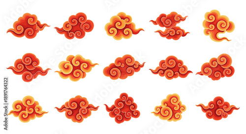 Set of traditional chinese cloud patterns in red and gold colors