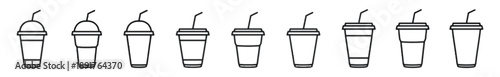 Disposable cups with straws icons set different sizes and styles for cold drinks takeaway beverage containers outline design for cafes and restaurants vector illustration