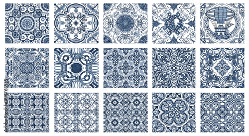 Collection of intricate blue and patterned tiles for design