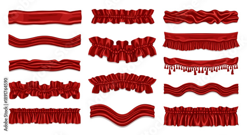 Collection of red fabric ruffles and trims with various textures