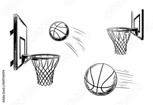 Hand drawn basketballs in motion near hoops a white background sport game