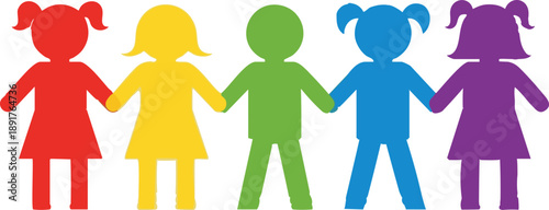 Diverse group of five children holding hands together forming a connected rainbow spectrum symbolizing unity friendship and inclusion in a vibrant graphic representation.