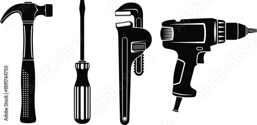 Hand tool silhouette illustration set, construction and repair concept, black and white design, DIY and maintenance symbol pack