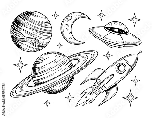 Hand drawn doodle style space including planets rocket ship moon and U F O