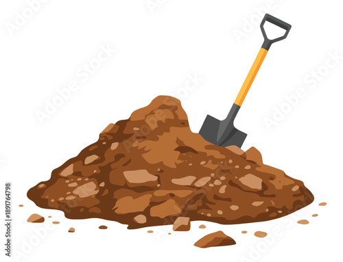 Pile of brown dirt with a shovel stuck in it a white background soil mound