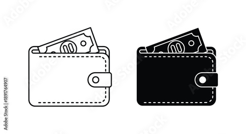Two wallet icons: one outlined and one solid black, each with banknotes partially visible. The simple design conveys concepts of finance and money.