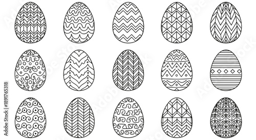 Set of twelve decorated easter eggs with various patterns and designs