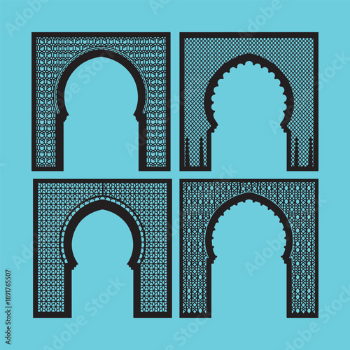 Four black Islamic archways with intricate geometric patterns on a turquoise background