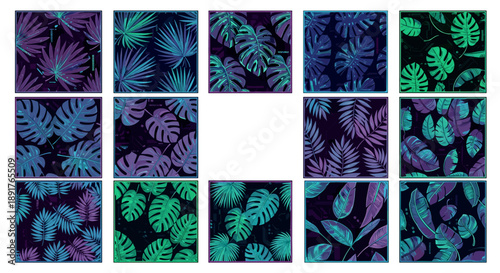 Collection of tropical leaf patterns with vibrant colors dark
