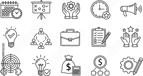 Business productivity and project management icons set, innovation and teamwork concept, cad drawing flat vector illustration, black and white