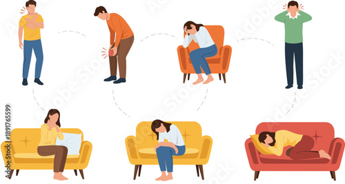 People Experiencing Anxiety and Depression Illustration Set Showing Emotional Stress, Sadness, and Mental Health Struggles at Home for Awareness Design