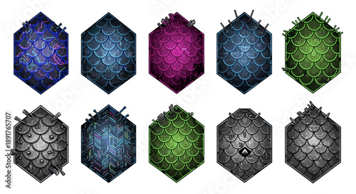 Collection of futuristic hexagonal technology icons with glowing effects
