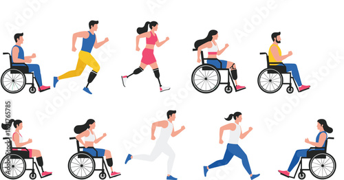 Inclusive Sports Illustration Set Showing Athletes Running and Wheelchair Racing Together for Disability Awareness, Equality, and Active Lifestyle Design