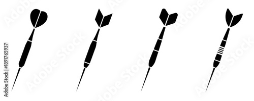 Four black silhouette icons of darts, each with distinct fin designs and shaft detailing, representing target sport equipment used in games and competitions, professional dartboard accessories