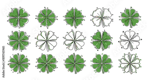 Collection of various fourleaf clovers with different shapes and sizes