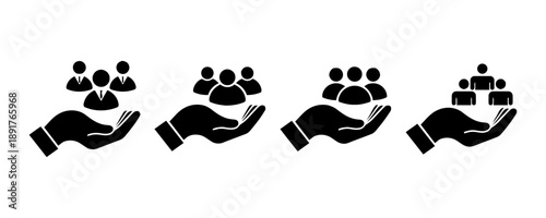 Four black silhouette icons depicting a hand carefully holding groups of people figures, representing team management, human resources, and community support concepts.