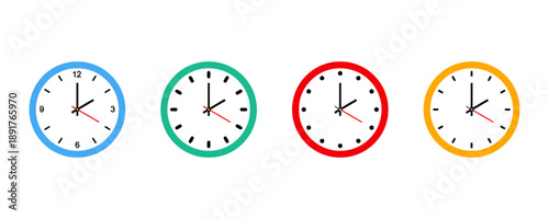Four colorful clock face icons showing different times with hour and minute hands, representing time, schedules, and timekeeping in various styles and colors