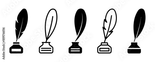 Feather quill pen in inkwell set five variations writing instrument historical document creation isolated on white