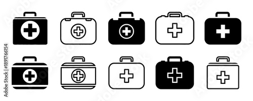 First aid kit icons set medical emergency bag symbol collection health care emergency supplies vector graphics in black white and outline styles first aid box medical