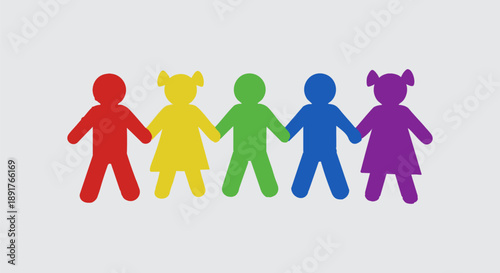 Diverse group of five stylized children figures holding hands together symbolizing unity diversity inclusion and childhood friendship relationships against a plain background.