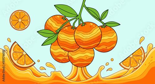 Vibrant illustration captures a cluster of stylized oranges hanging from a branch surrounded by splashing juice and fresh citrus slices advertising healthy refreshment.