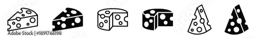 Five icons of cheese wedges and blocks with holes, in outline and solid black styles, showing Swiss cheese texture, perfect for food and culinary themes vector graphics