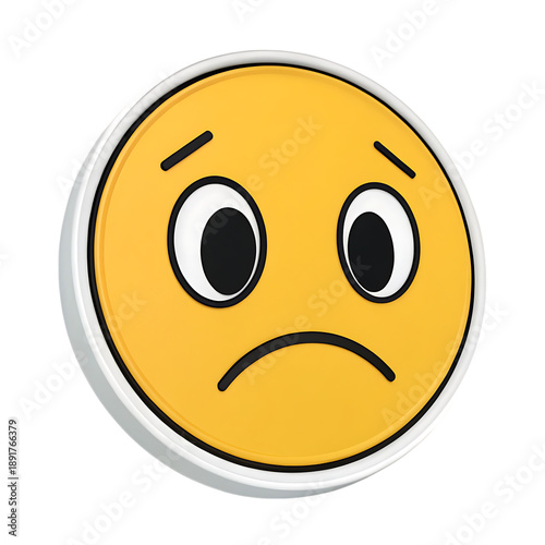 3 D disappointed emoji sticker with let down face and bold white outline isolated on a transparent background