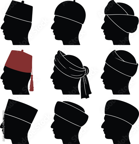 Nine black silhouette profiles of men wearing various traditional headwear including fez and turban