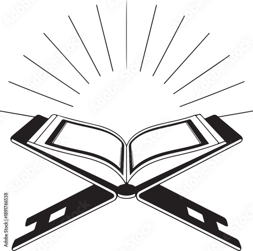 Open book on a stand with radiating lines above book stand holy book religious book