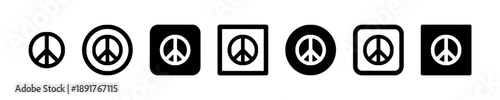 Group of seven black peace symbols in various circular and square formats providing diverse options for design and expression