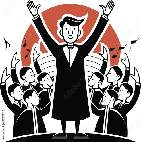 Male Conductor With Raised Arms Leading A Singing Choir