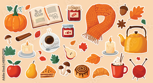 Cozy autumn sticker set with pumpkin coffee tea scarf knitting wool cinnamon rolls apple pie and fall leaves in flat vector illustration