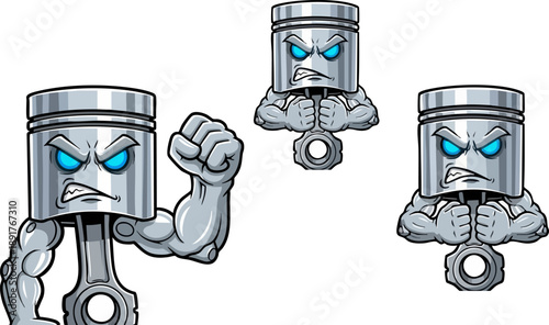 Three stylized cartoon mechanical engine pistons featuring aggressive angry faces and muscular arms symbolizing raw automotive power and high performance machinery strength.