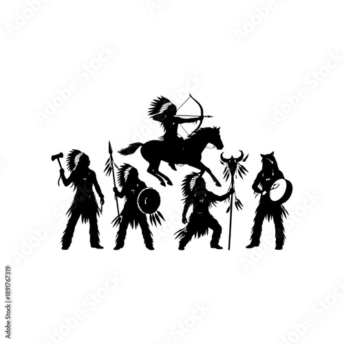 Native American warriors silhouette collection with horse and traditional weapons isolated on white background.