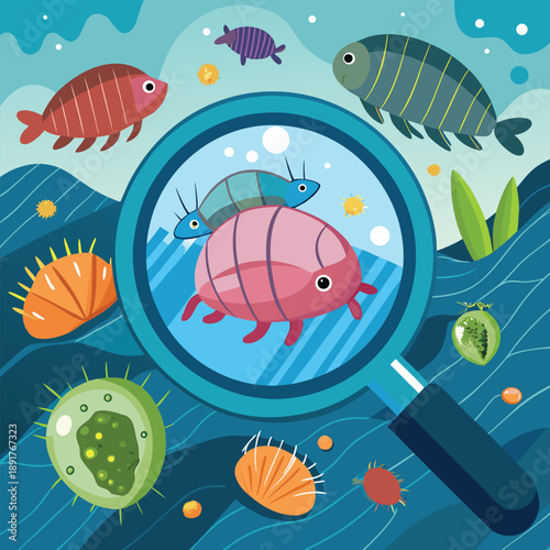 Magnifying Glass Examining Microscopic Marine Life And Fish