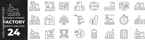 Industrial Factory and Manufacturing Icons Set Featuring Power Plant, Refinery, Warehouse, Energy Production, Engineering, Storage and Heavy Industry Line Vector Illustration