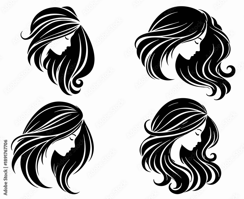 Obraz premium Four elegant female head silhouettes with long flowing hair in different styles. Black beauty salon vector set for fashion branding, hairstyle design, glamour, and modern elegance on white.