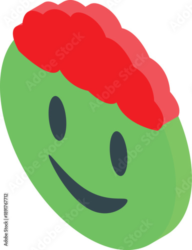 Isometric icon of a smiling green emoji with red hair, expressing happiness and positive emotions