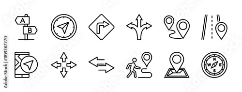 Navigation and direction signs icons set with maps, compasses, routes, and location markers for travel and journey planning