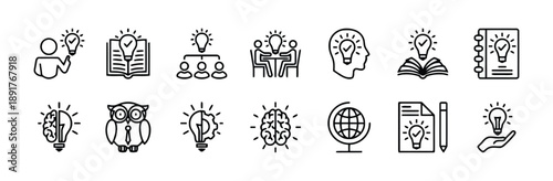 Idea and innovation icons with lightbulbs brains books and people collaborating symbolizing creativity knowledge sharing learning and problem solving vector graphics