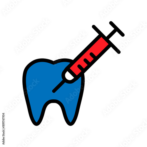 Illustration of a blue tooth with a red syringe injecting into it. Symbolizes dental treatment, anesthesia, or medical procedure related to teeth. Clean vector art for healthcare concepts.